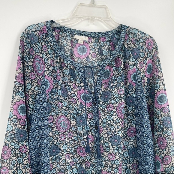 J. Jill Blue Floral Print Tassel Tie Peasant Top Size Small Petite button front - Picture 4 of 11